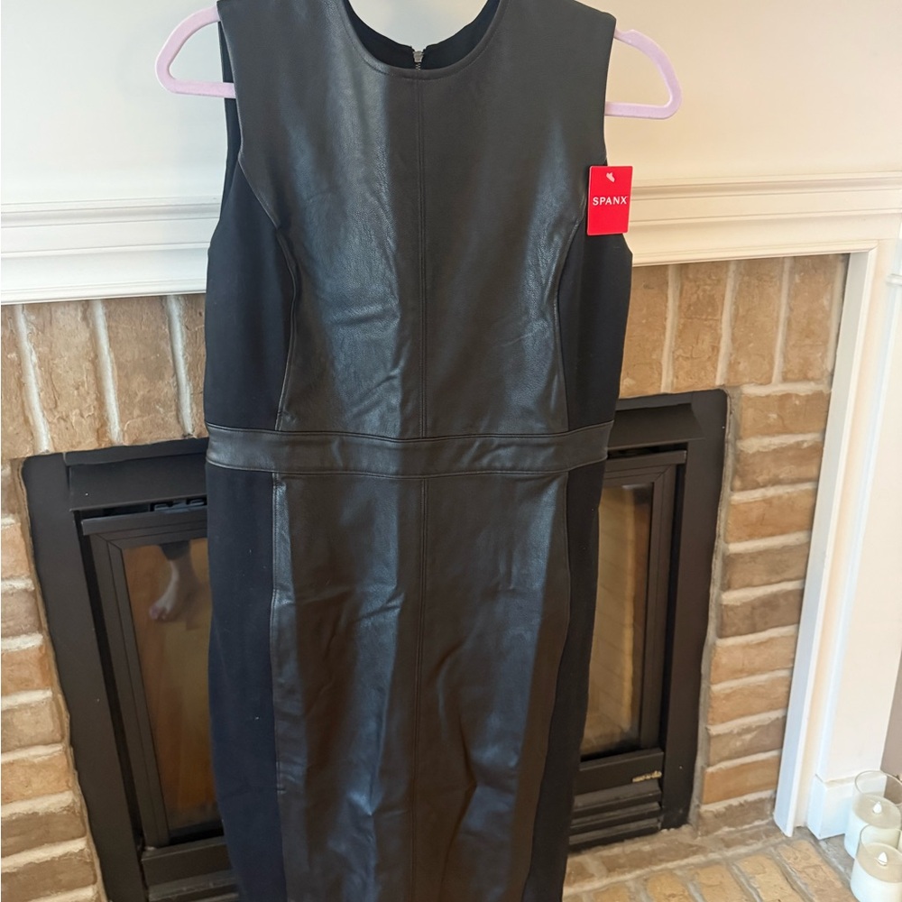 SPANX Black Faux Leather Midi Dress